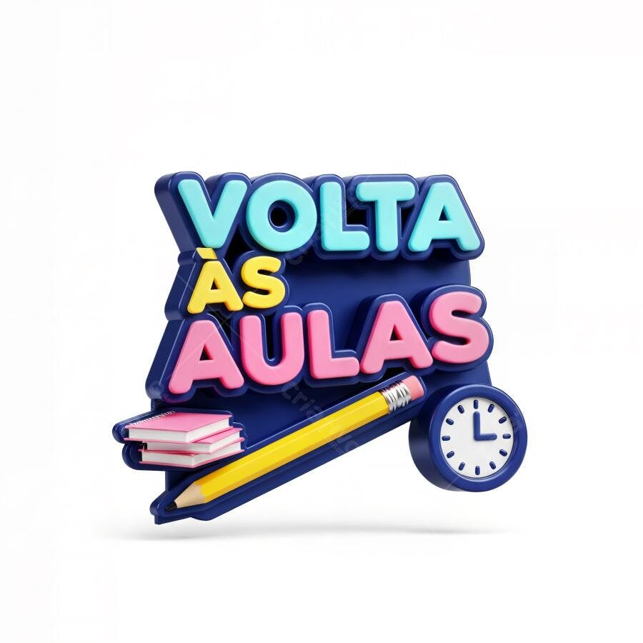 Volta às Aulas 3D colorido com livros, lápis e relógio escolar