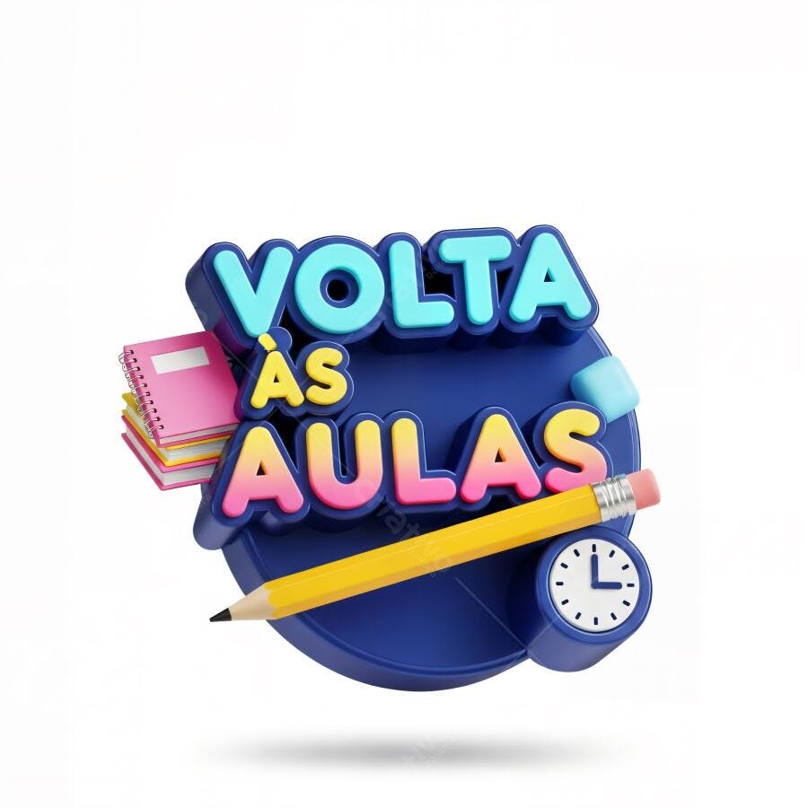 Banner 3D colorido Volta às Aulas com lápis e cadernos em fundo branco