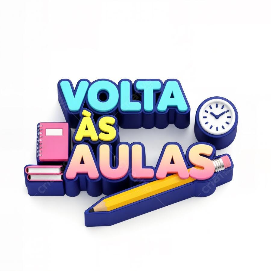 Volta às Aulas 3D com letras vibrantes materiais escolares e relógio