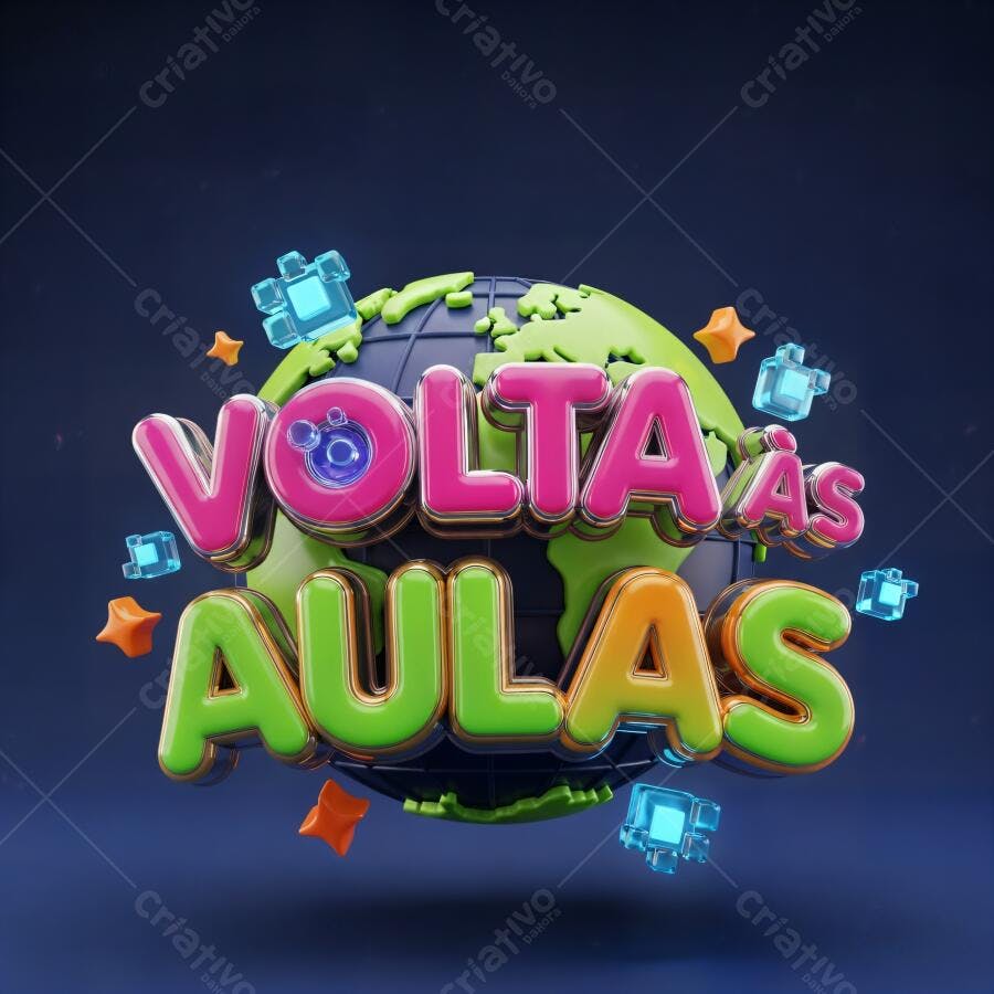 Volta às Aulas 3D com letras vibrantes e globo terrestre