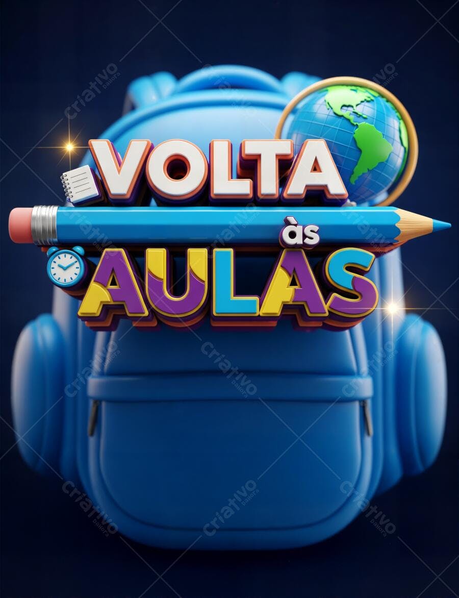 Volta às Aulas texto 3D em mochila azul com lápis, globo e relógio
