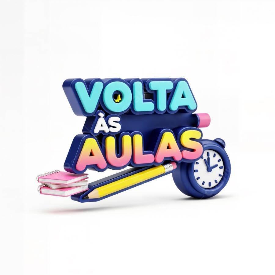 Volta às Aulas 3D colorido com material escolar e relógio