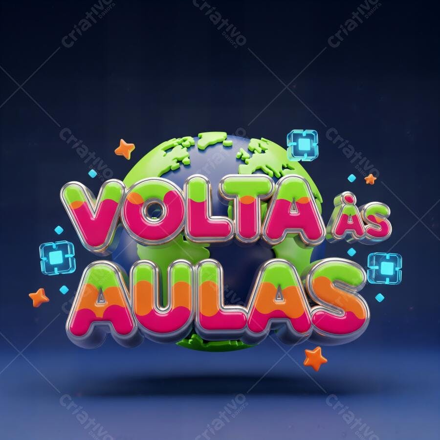 VOLTA ÀS AULAS colorida 3D com globo e elementos digitais