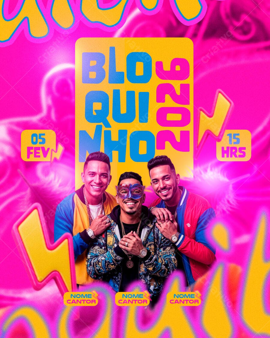 Flyer Bloquinho 2024 Carnaval Artistas Máscara PSD Editável