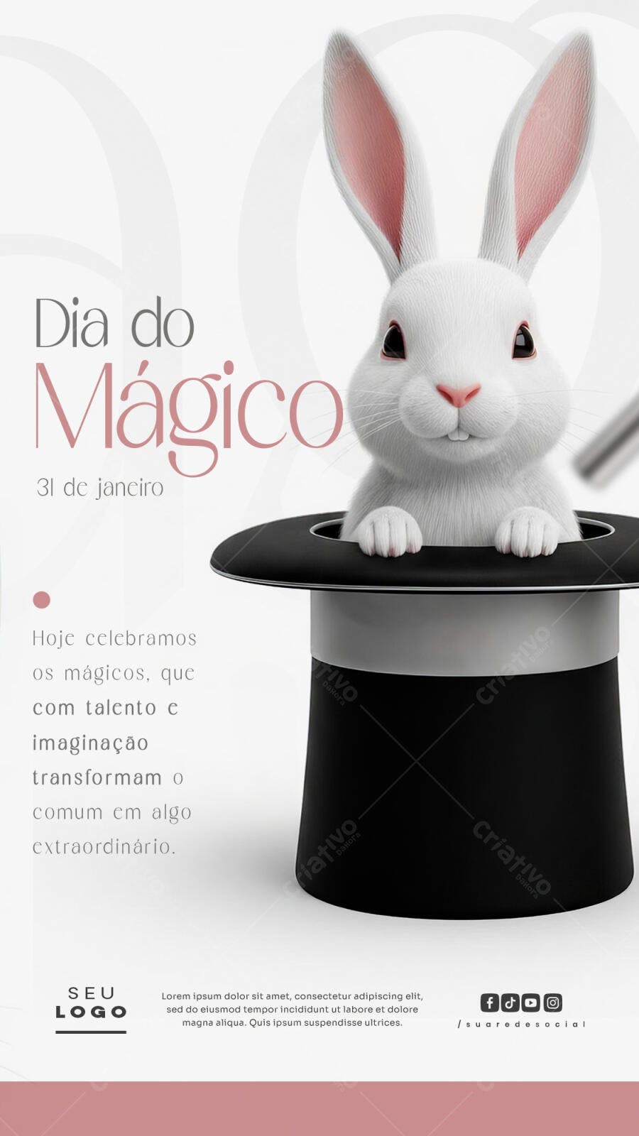 Post Redes Sociais Dia do Mágico com Coelho e Cartola PSD Editável
