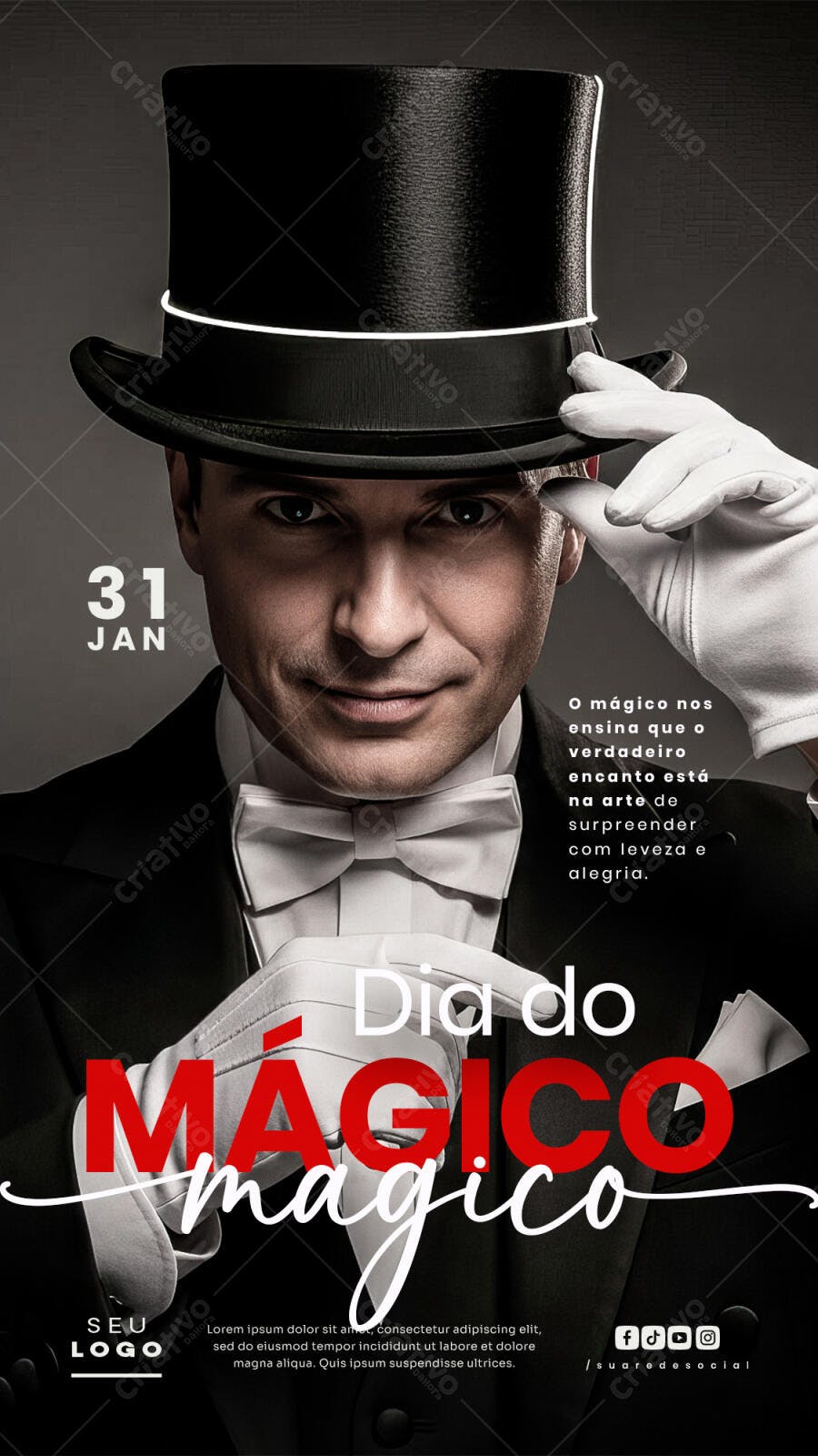 Flyer Dia do Mágico 31 de Janeiro PSD Editável