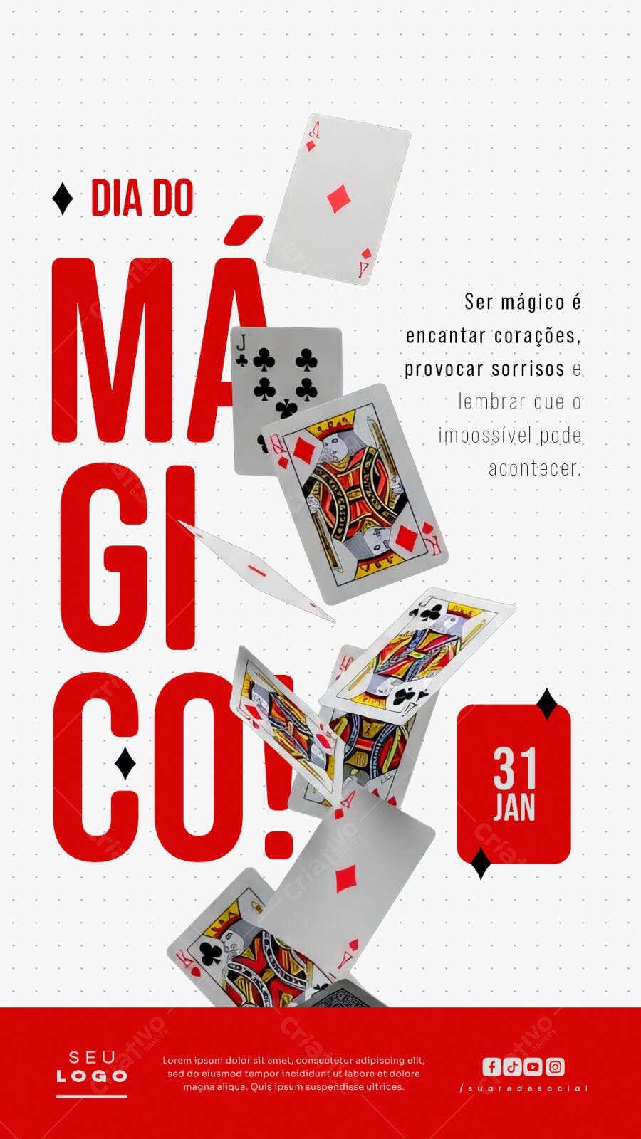 Flyer Dia do Mágico 31 Jan Cartas Magia Ilusionismo PSD Editável