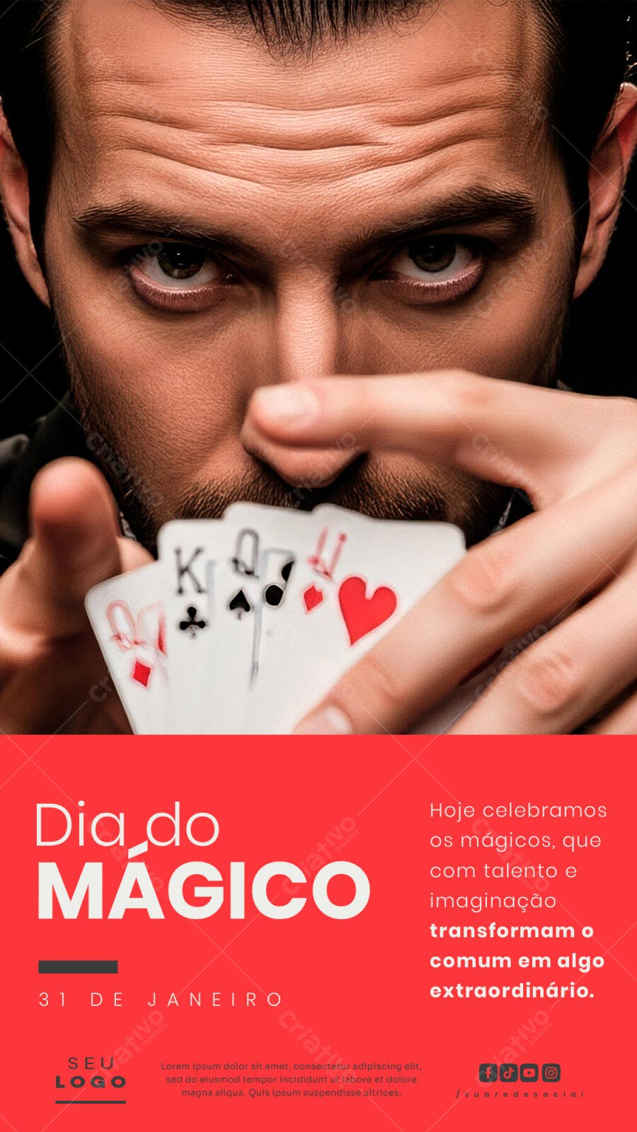 Flyer Dia do Mágico Homem com Cartas PSD Editável