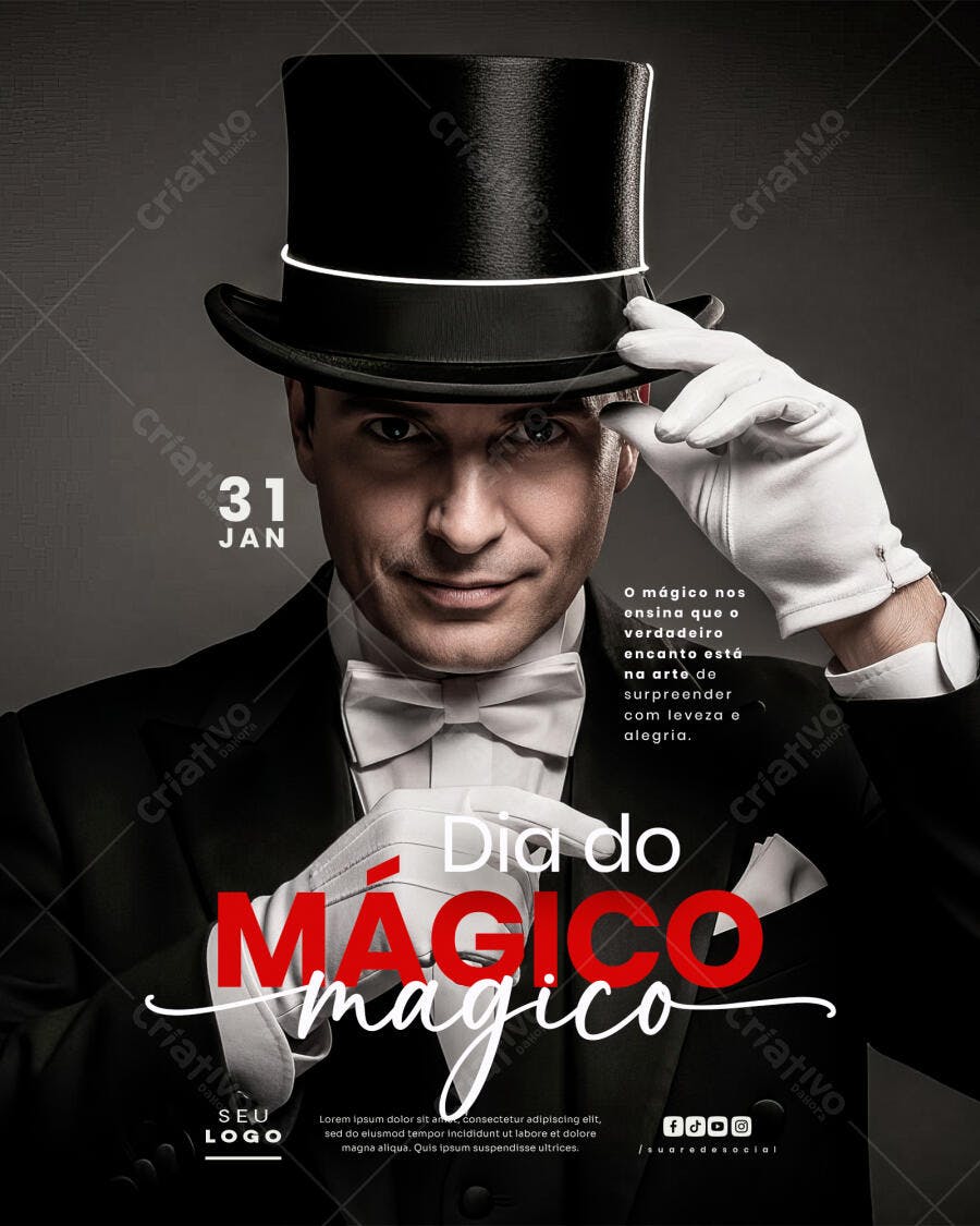 Flyer Dia do Mágico 31 de Janeiro com Magico de Cartola PSD Editável