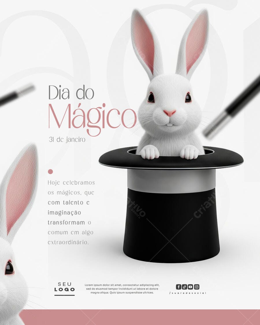 Flyer Dia do Mágico com Coelho e Cartola PSD Editável