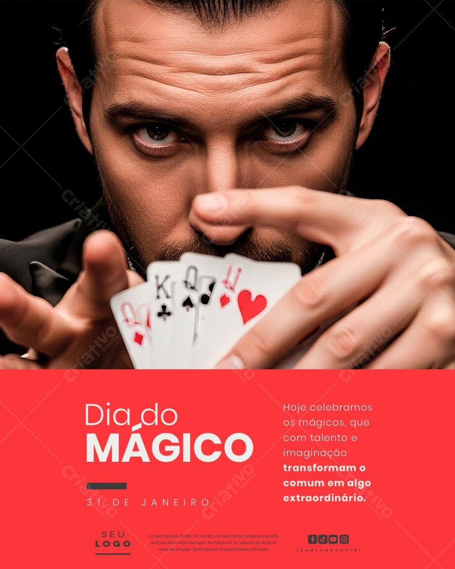 Flyer Dia do Mágico 31 de Janeiro com Cartas e Ilusionista PSD Editável