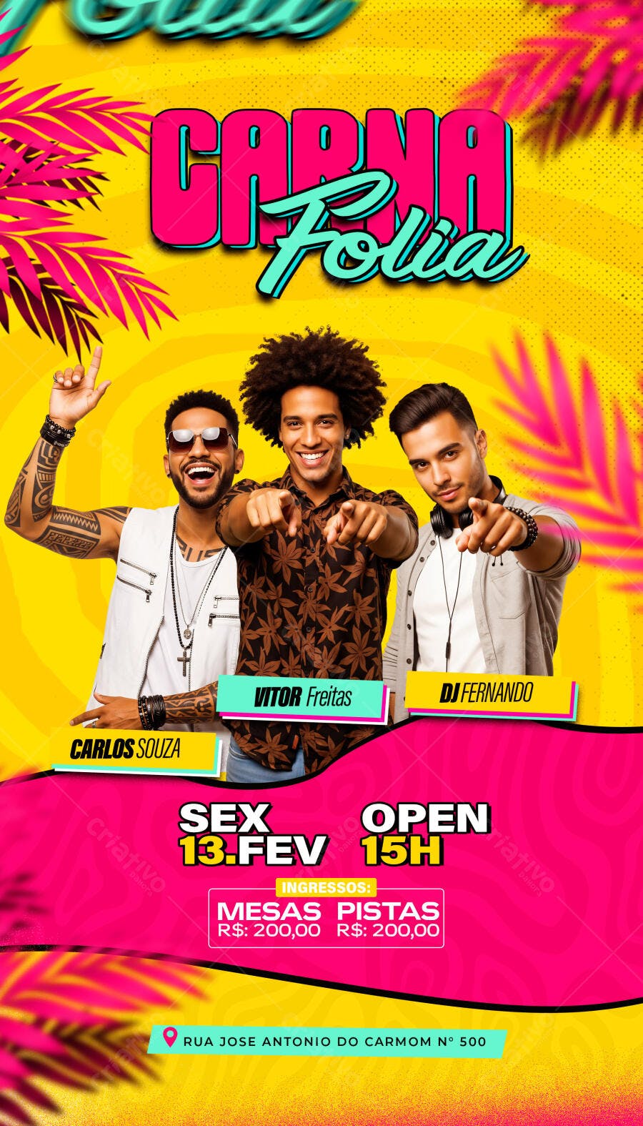 Flyer para Evento Carnafolia com DJs e Artistas PSD Editável
