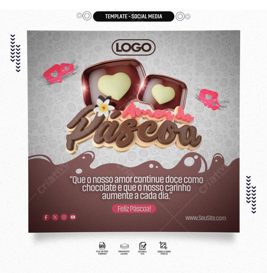 Post Social Media Amor de Páscoa com Corações de Chocolate PSD Editável