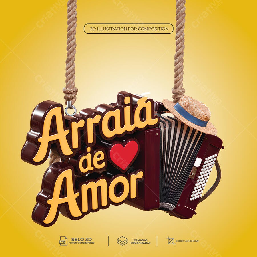 Ilustração 3D Arraia de Amor com Sanfona e Chapéu de Palha PSD Editável