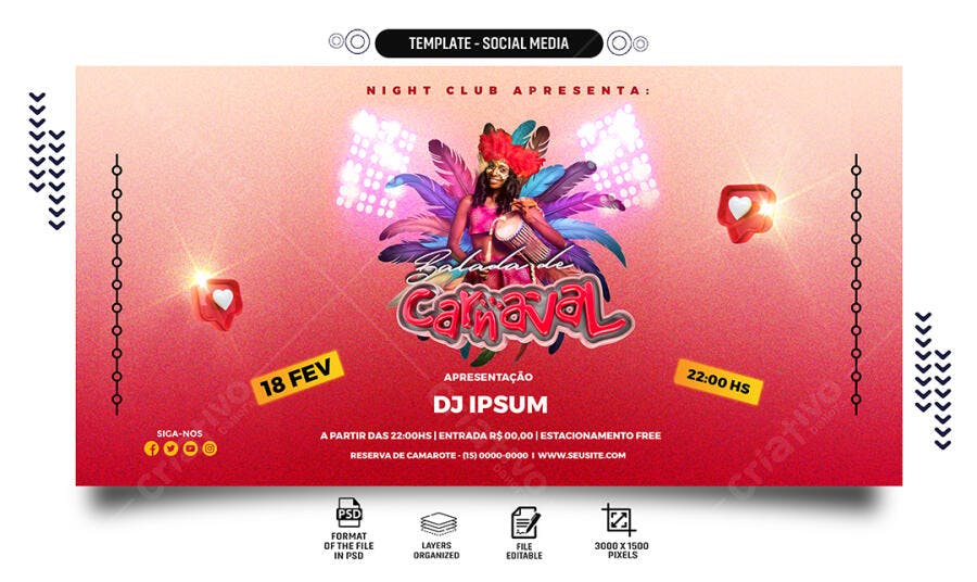 Flyer Social Media para Balada de Carnaval Night Club PSD Editável