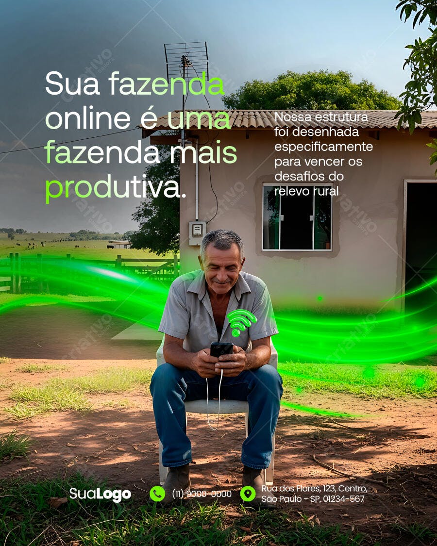 Post para Redes Sociais Conectividade Rural Agricultor Online PSD Editável