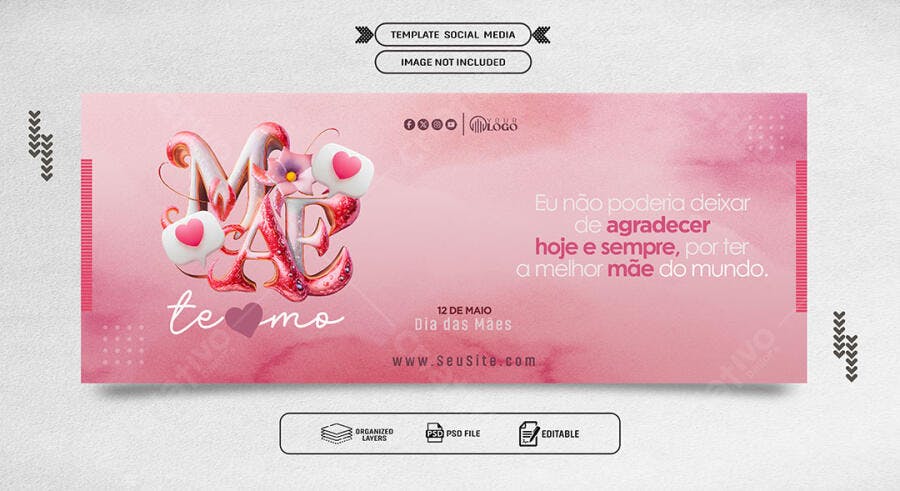 Post Redes Sociais Dia das Mães com Letras 3D e Corações PSD Editável