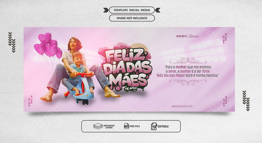 Post Redes Sociais Feliz Dia das Mães Mãe Filho Balões Rosa PSD Editável