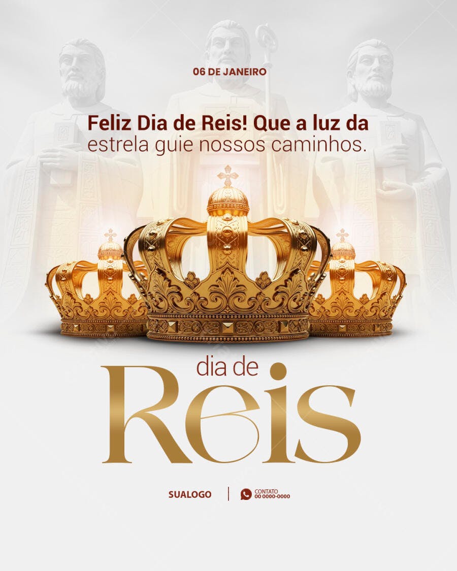 Flyer Dia de Reis 06 de Janeiro Coroas Douradas PSD Editável