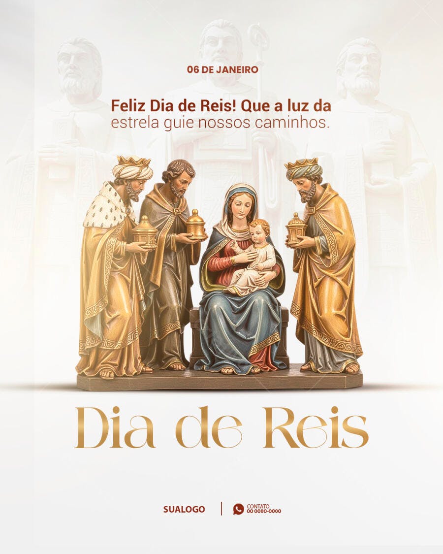 Flyer Feliz Dia de Reis 06 de Janeiro Estátuas Douradas PSD Editável