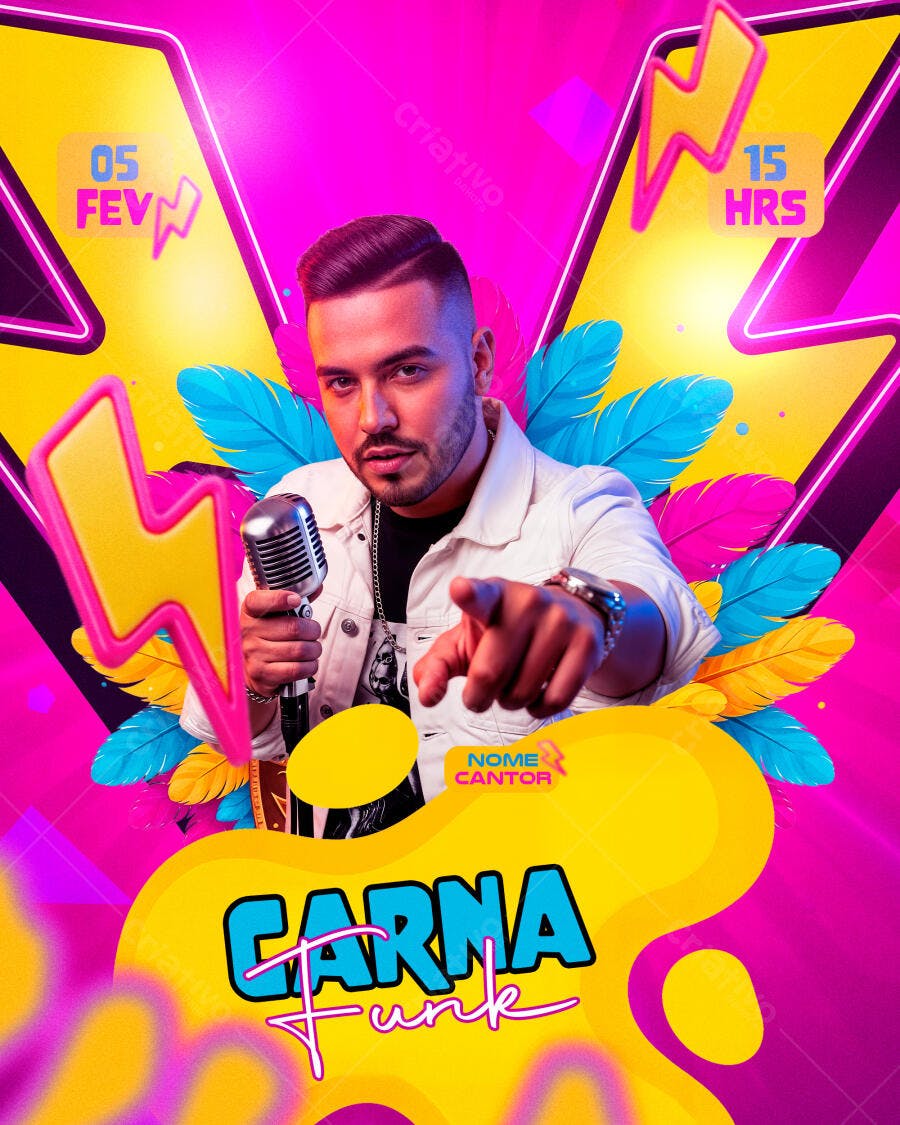 Flyer para Evento Carna Funk com Cantor Masculino PSD Editável