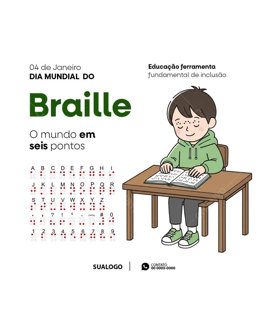 Flyer Dia Mundial do Braille Criança Lendo Inclusão PSD Editável