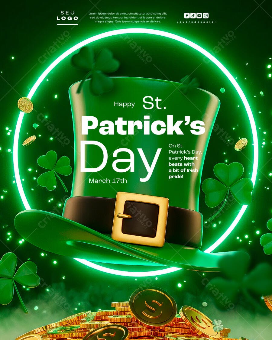 Flyer Dia de São Patrício Chapéu Leprechaun Moedas PSD Editável