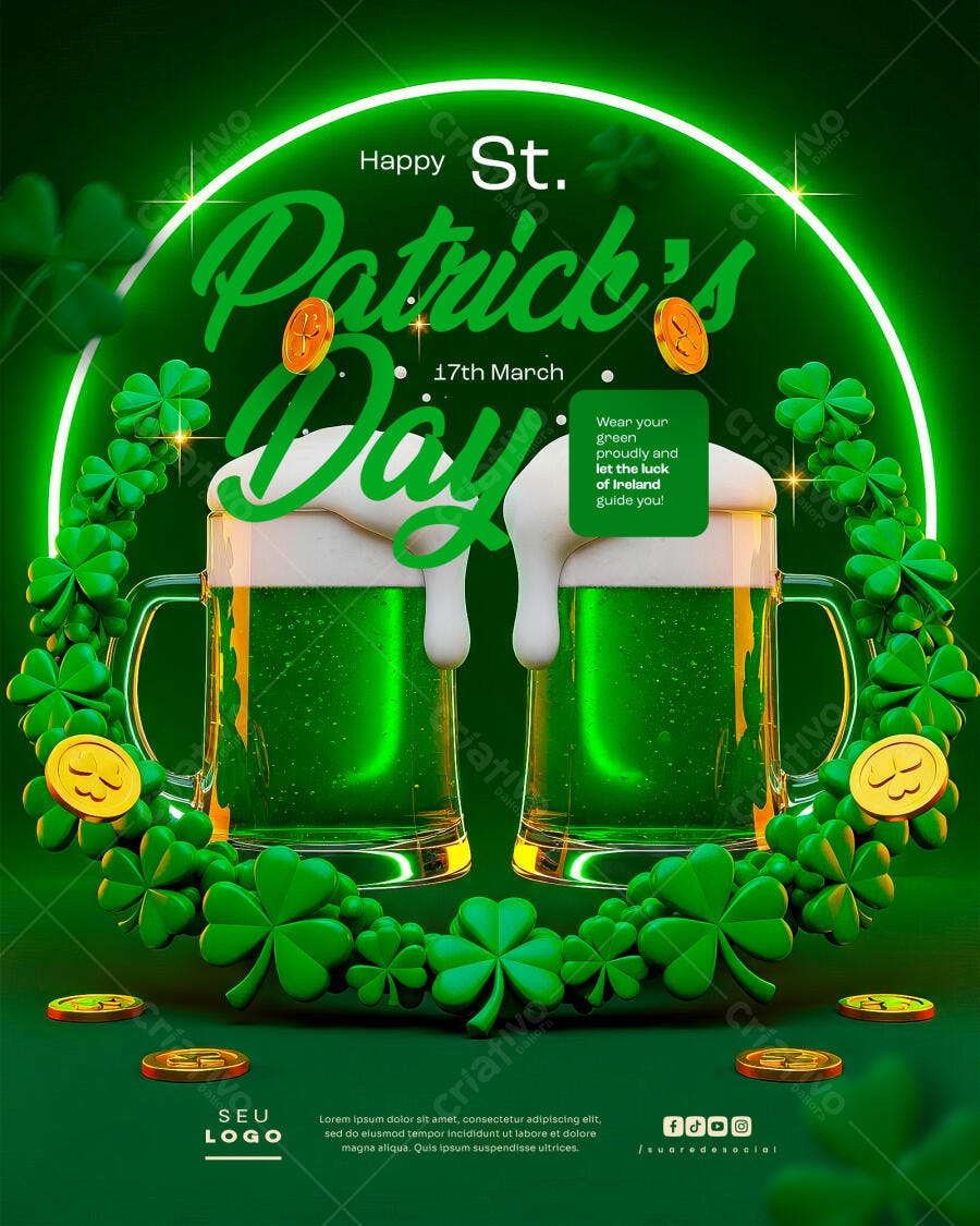 Flyer Dia de São Patrício com Cerveja Verde e Trevos PSD Editável