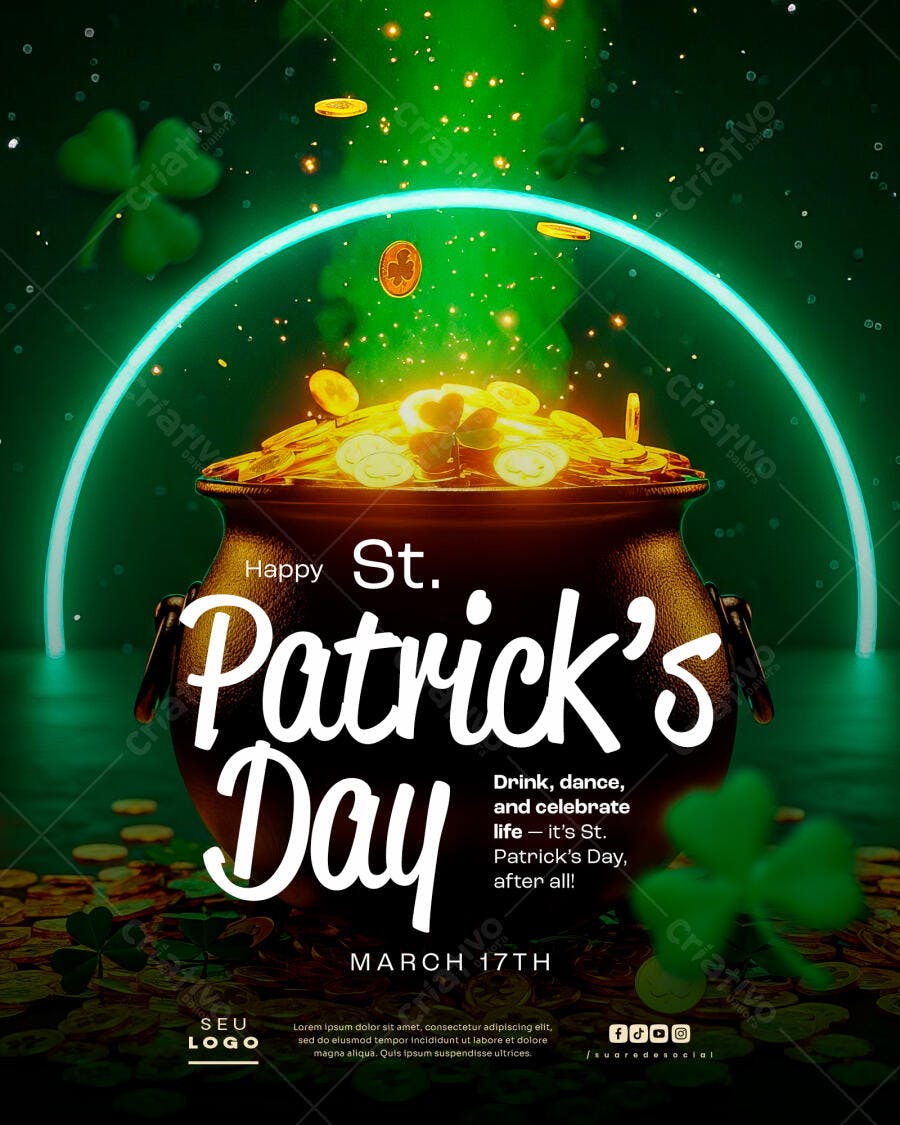 Flyer Happy St. Patrick's Day Caldeirão Ouro PSD Editável