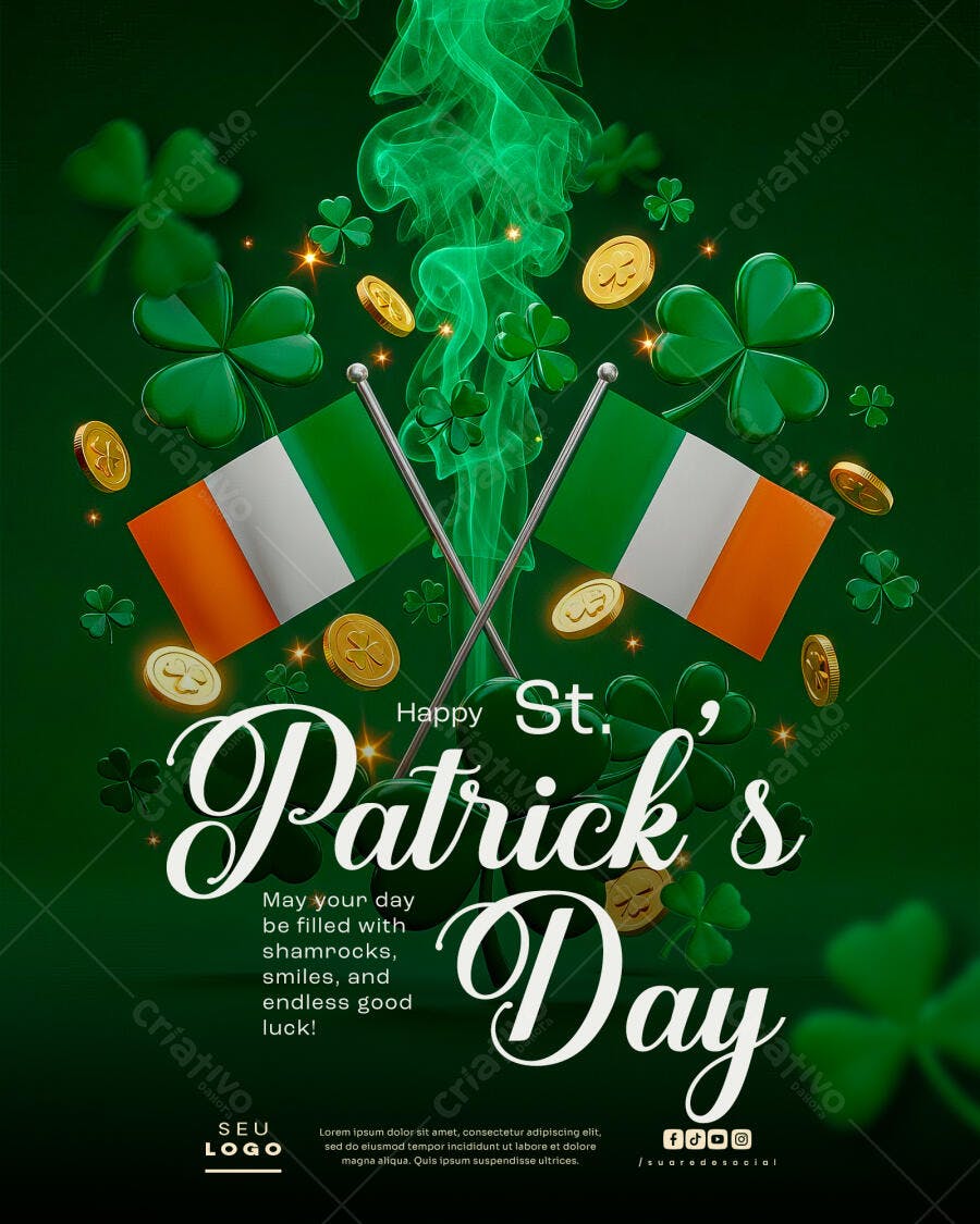 Flyer para Dia de São Patrício com Bandeiras da Irlanda PSD Editável