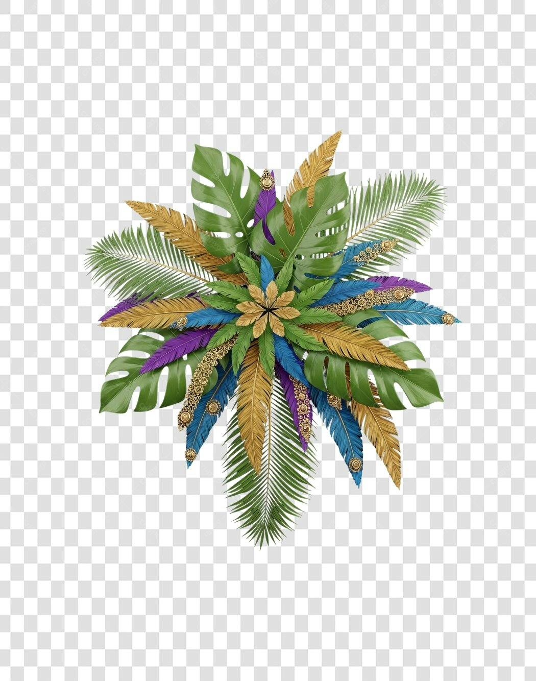 Elemento decorativo festivo tropical com folhas e penas coloridas PNG com fundo transparente