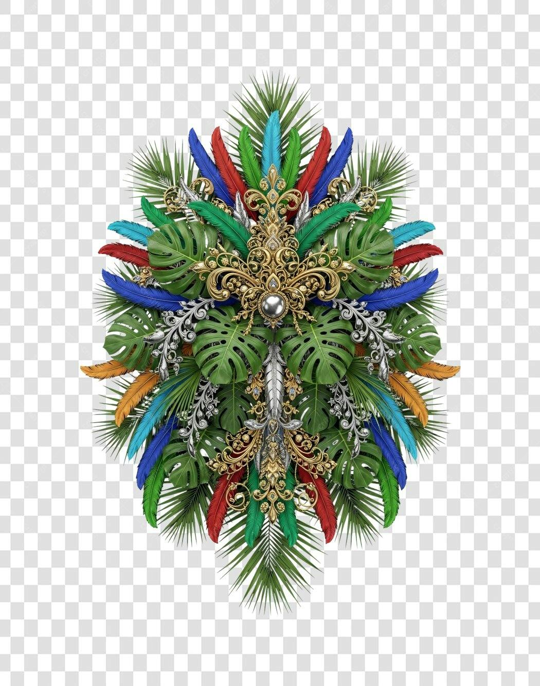 Emblema Tropical de Carnaval Prata Ouro Folhas Penas PNG com fundo transparente