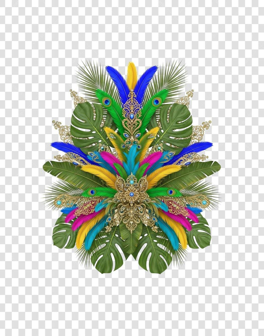 Ornamento de Carnaval festivo com penas coloridas e folhagem tropical PNG com fundo transparente
