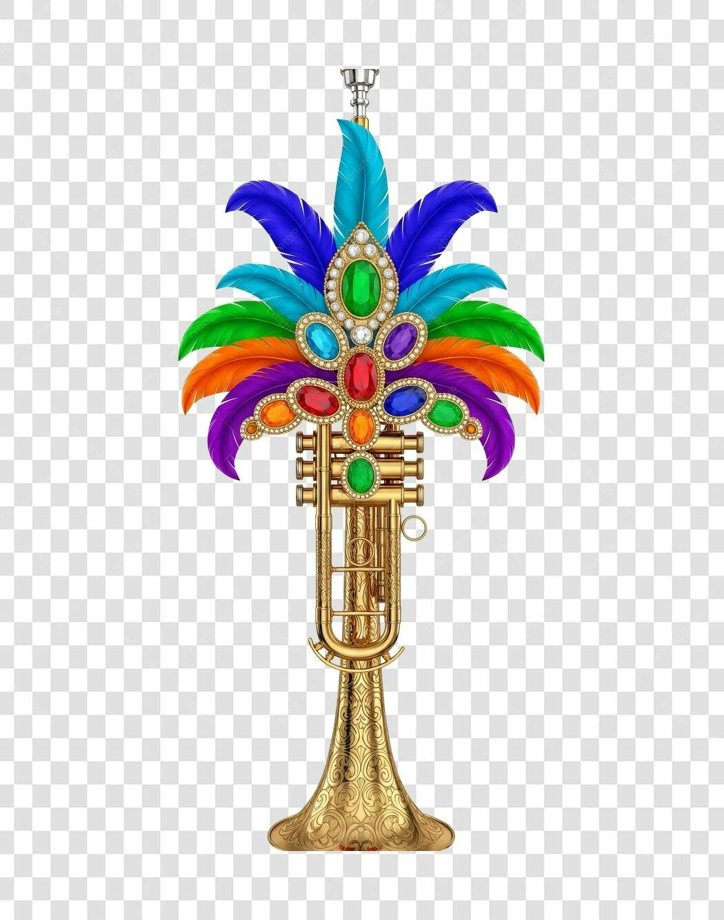 Ilustração Trombeta Carnaval Mardi Gras Penas Joias Coloridas PNG com fundo transparente