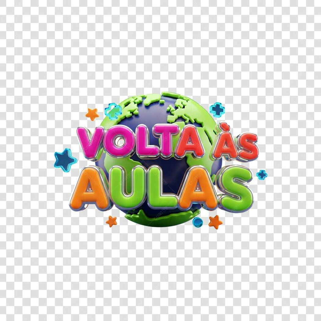 Gráfico 3D Volta às Aulas com globo colorido e estrelas PNG com fundo transparente