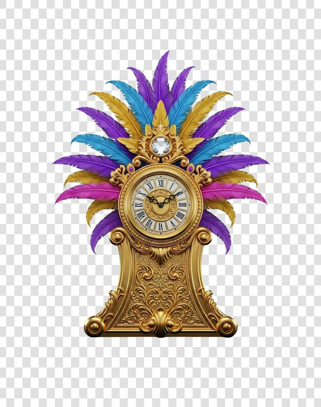 Relógio Decorativo Carnaval Mardi Gras Dourado com Penas Coloridas PNG com fundo transparente
