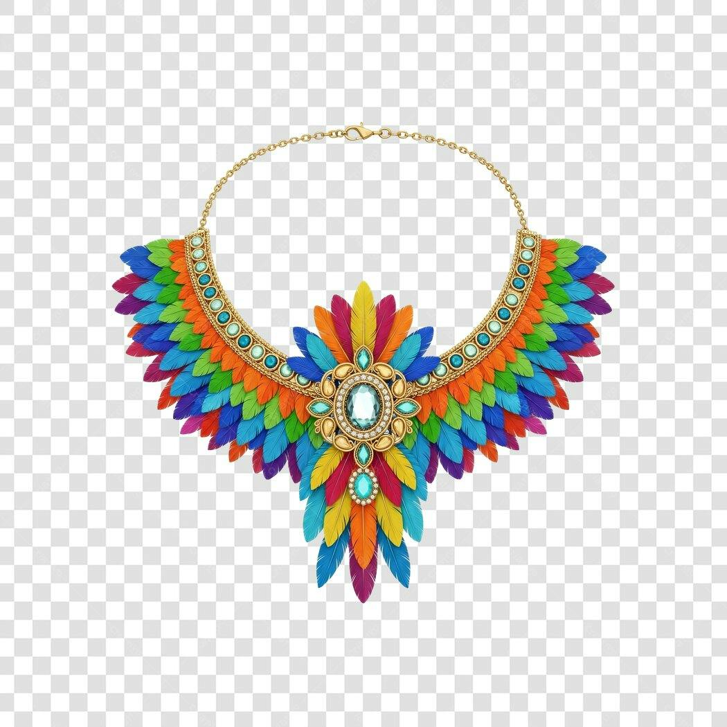 Colar de Carnaval penas coloridas ouro joia étnica vibrante PNG com fundo transparente