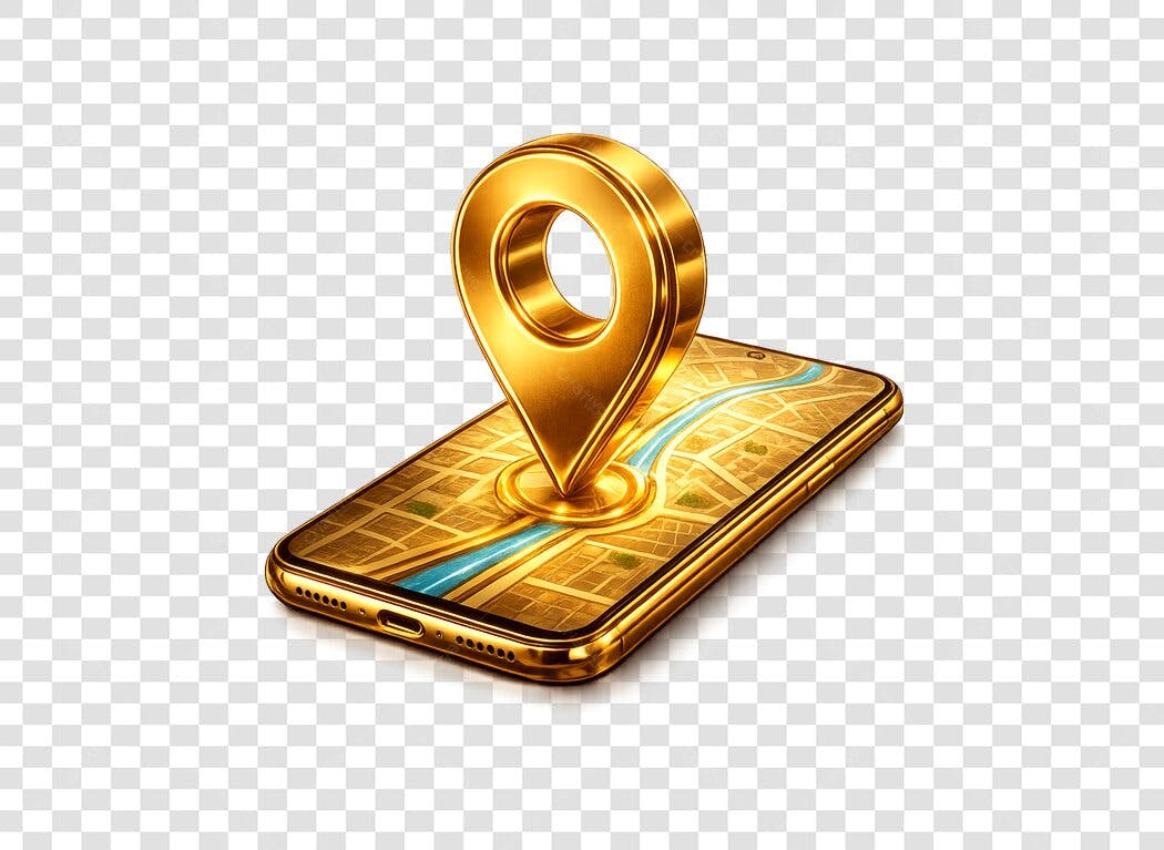Ícone 3D de localização GPS dourado em smartphone com mapa PNG com fundo transparente