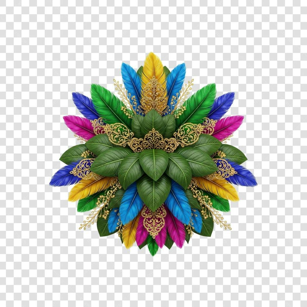 Arranjo Festivo Carnaval Penas e Folhas Dourado PNG com fundo transparente