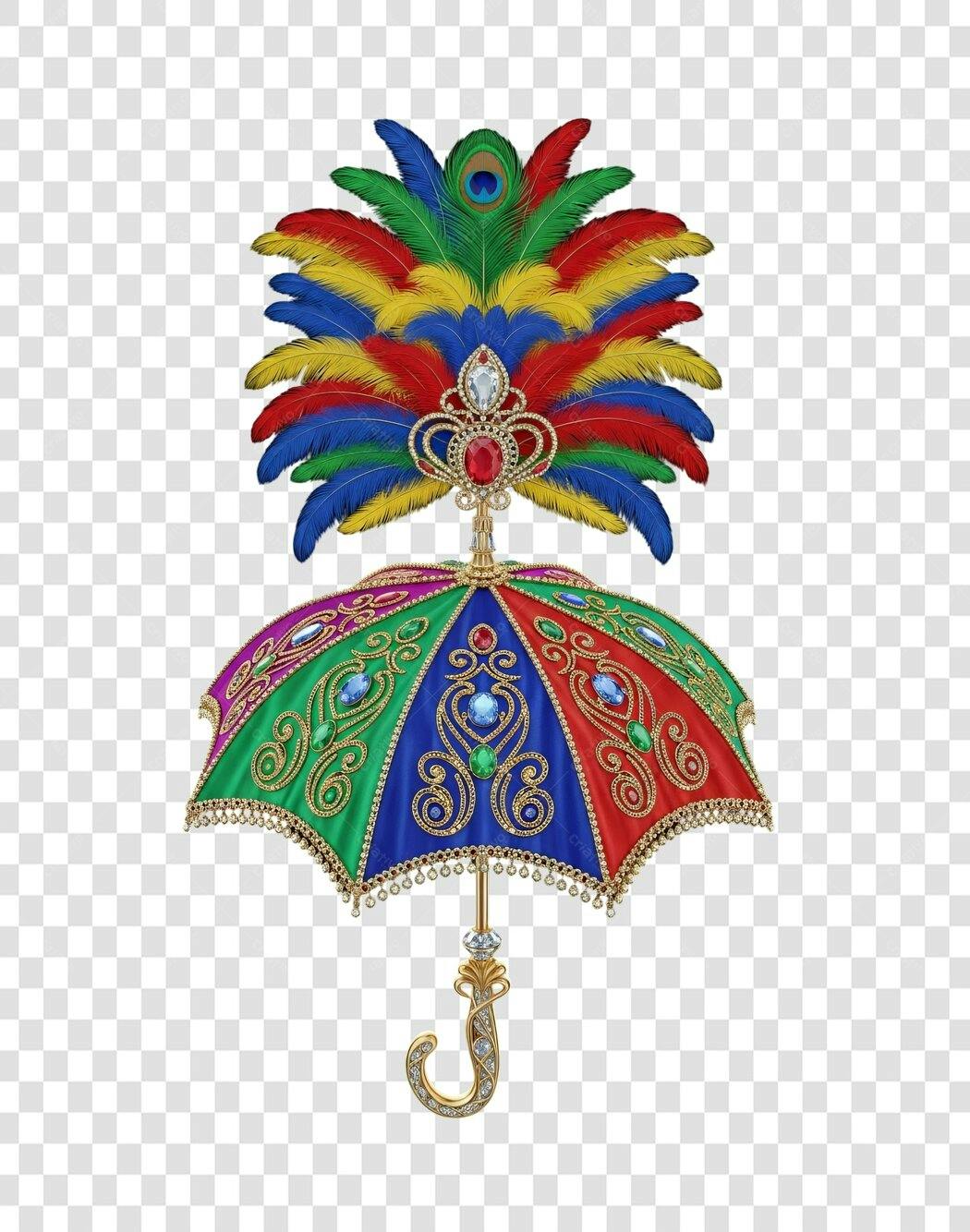 Elemento Decorativo Carnaval Sombrinha Joias Ouro Penas Coloridas PNG com fundo transparente