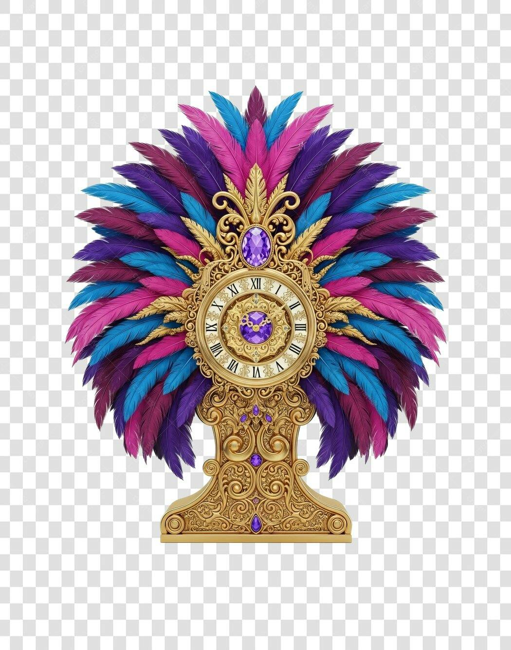 Ornamento de Relógio Dourado Luxo com Plumas Coloridas Vibrantes PNG com fundo transparente