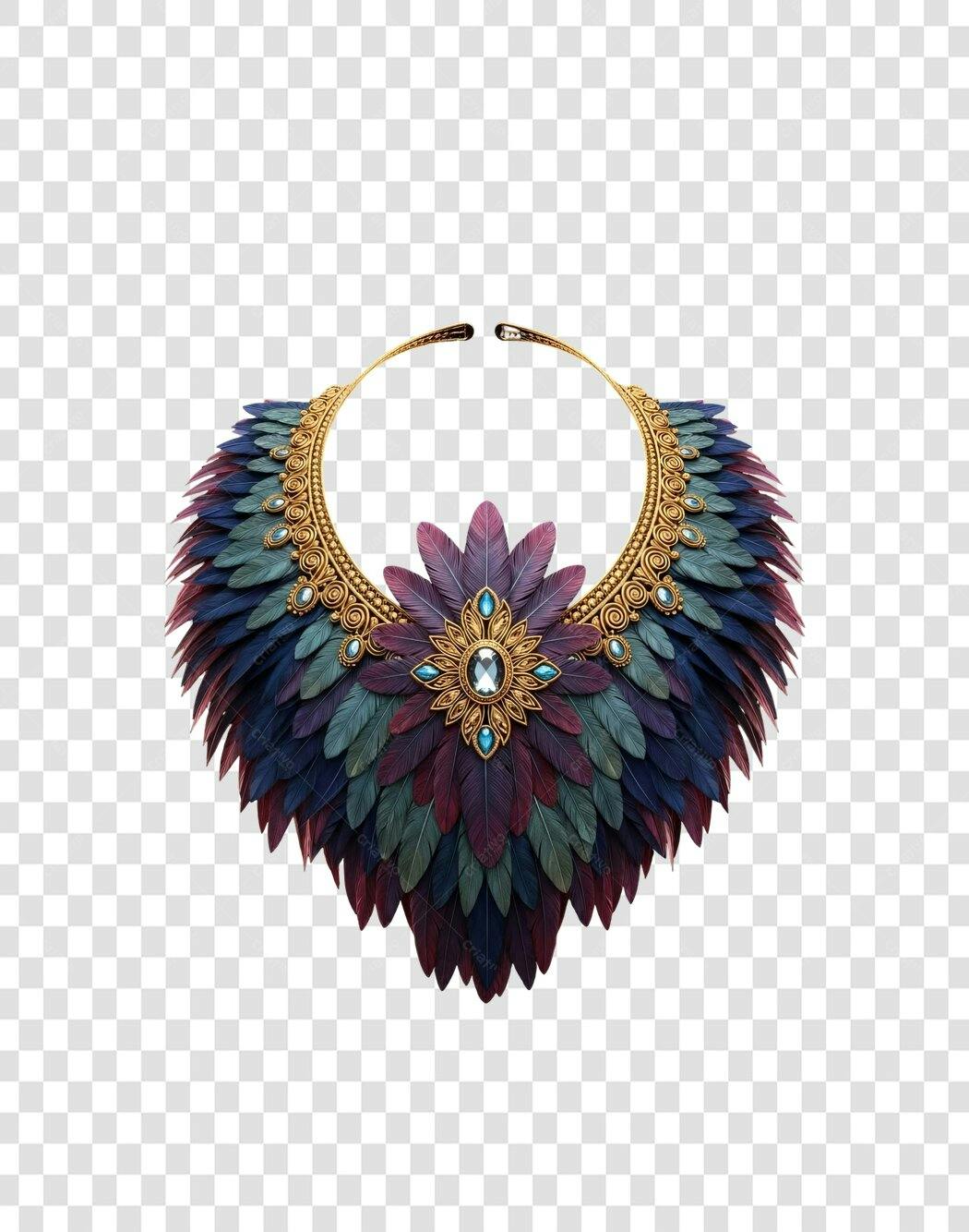 Colar étnico de penas coloridas e ouro para moda PNG com fundo transparente