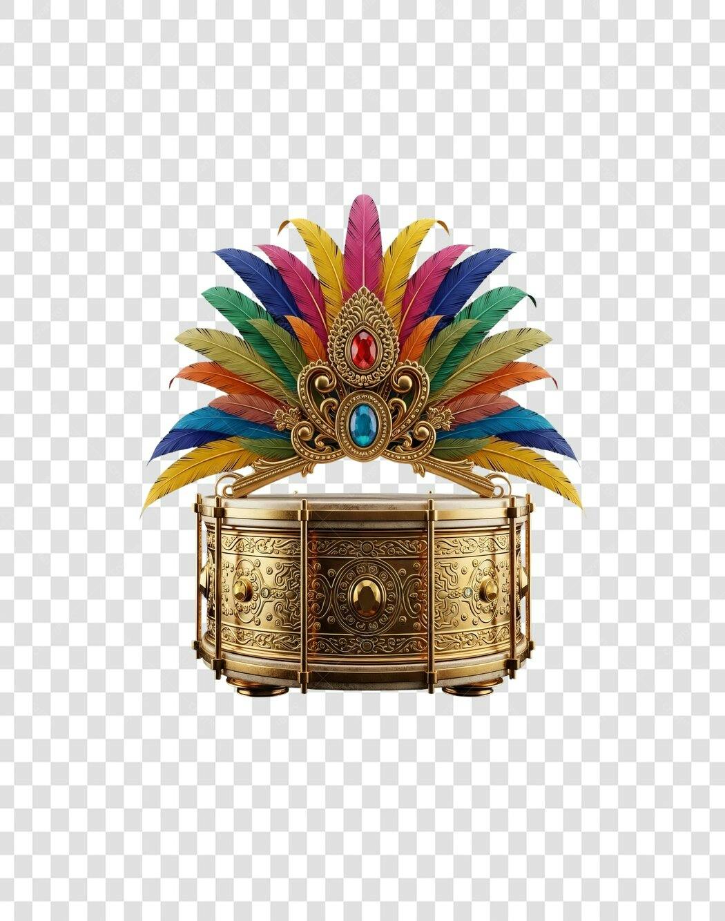 Carnaval tambor dourado cocar de penas coloridas e joias PNG com fundo transparente