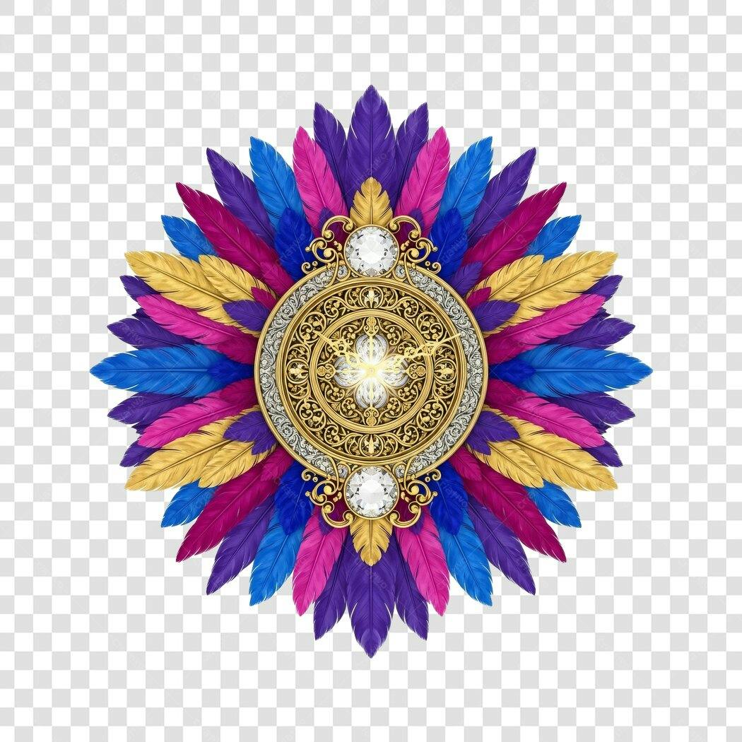 Emblema Carnaval luxuoso ouro penas vibrantes roxo azul magenta PNG com fundo transparente