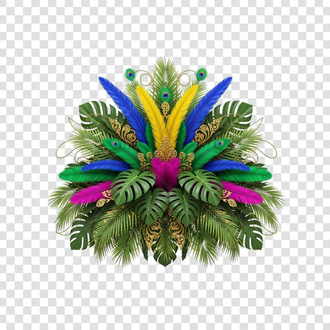Ornamentação Festiva Carnaval Penas Coloridas Folhas Tropicais Douradas PNG com fundo transparente