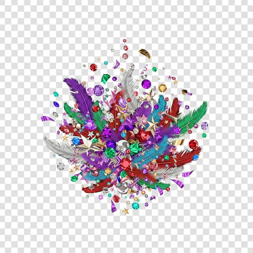 Elemento decorativo para festa Carnaval penas joias coloridas estrelas douradas PNG com fundo transparente