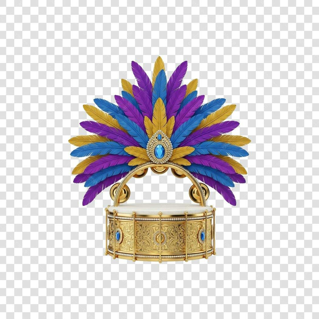 Adereço de Carnaval Tambor Plumas Douradas Azuis Roxas PNG com fundo transparente