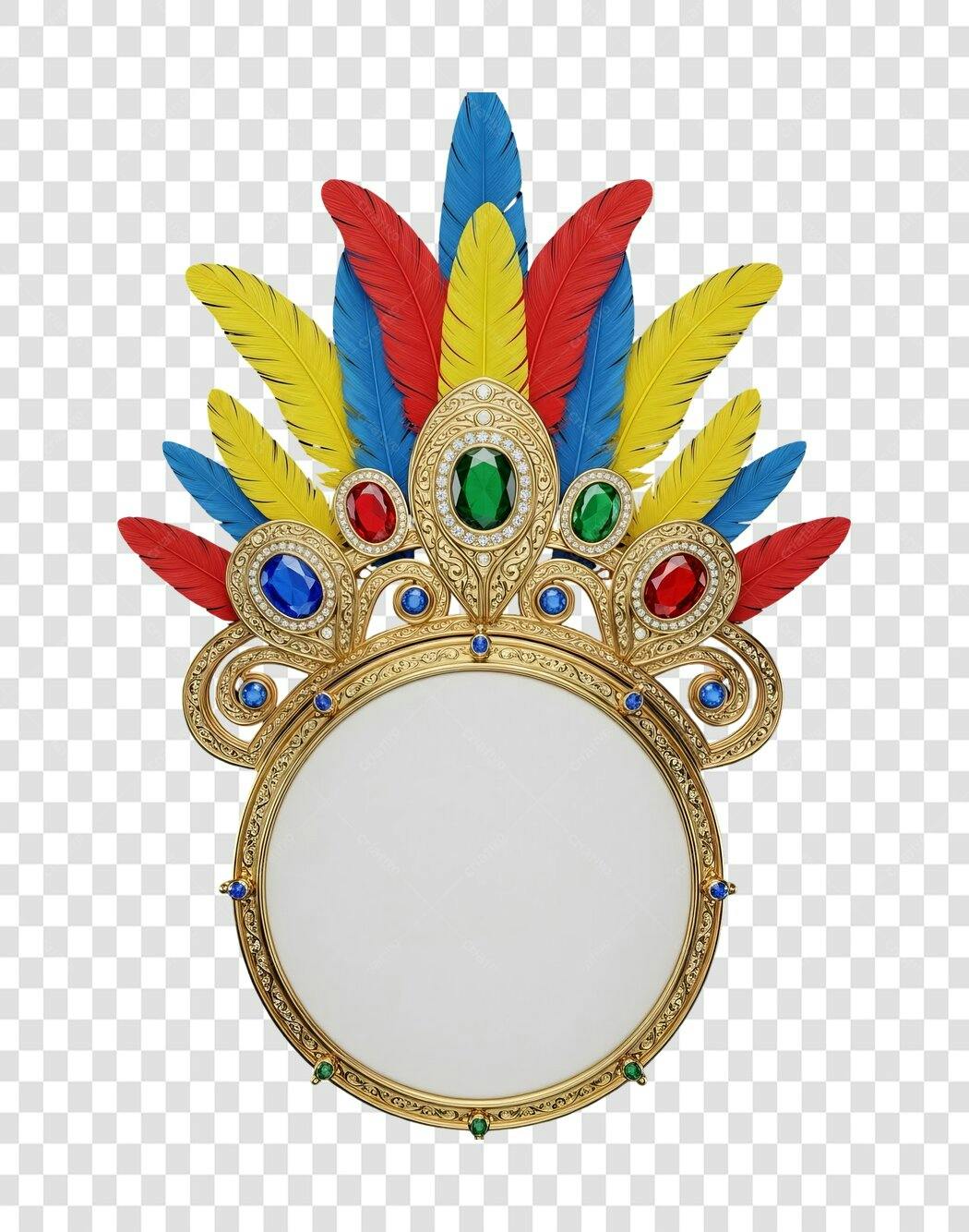 Moldura de Carnaval com penas coloridas e joias douradas PNG com fundo transparente