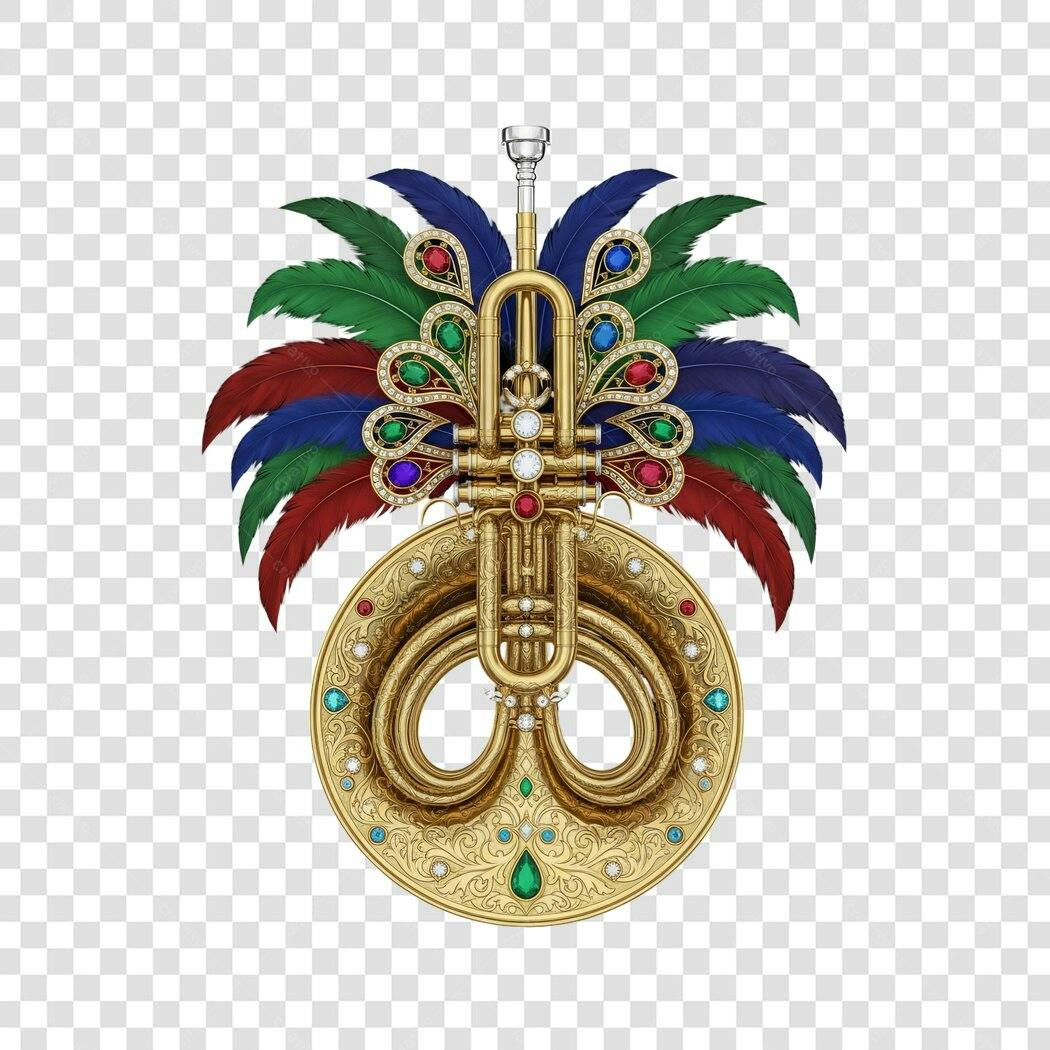 Emblema Festivo Trompete Dourado Penas Joias Carnaval PNG com fundo transparente