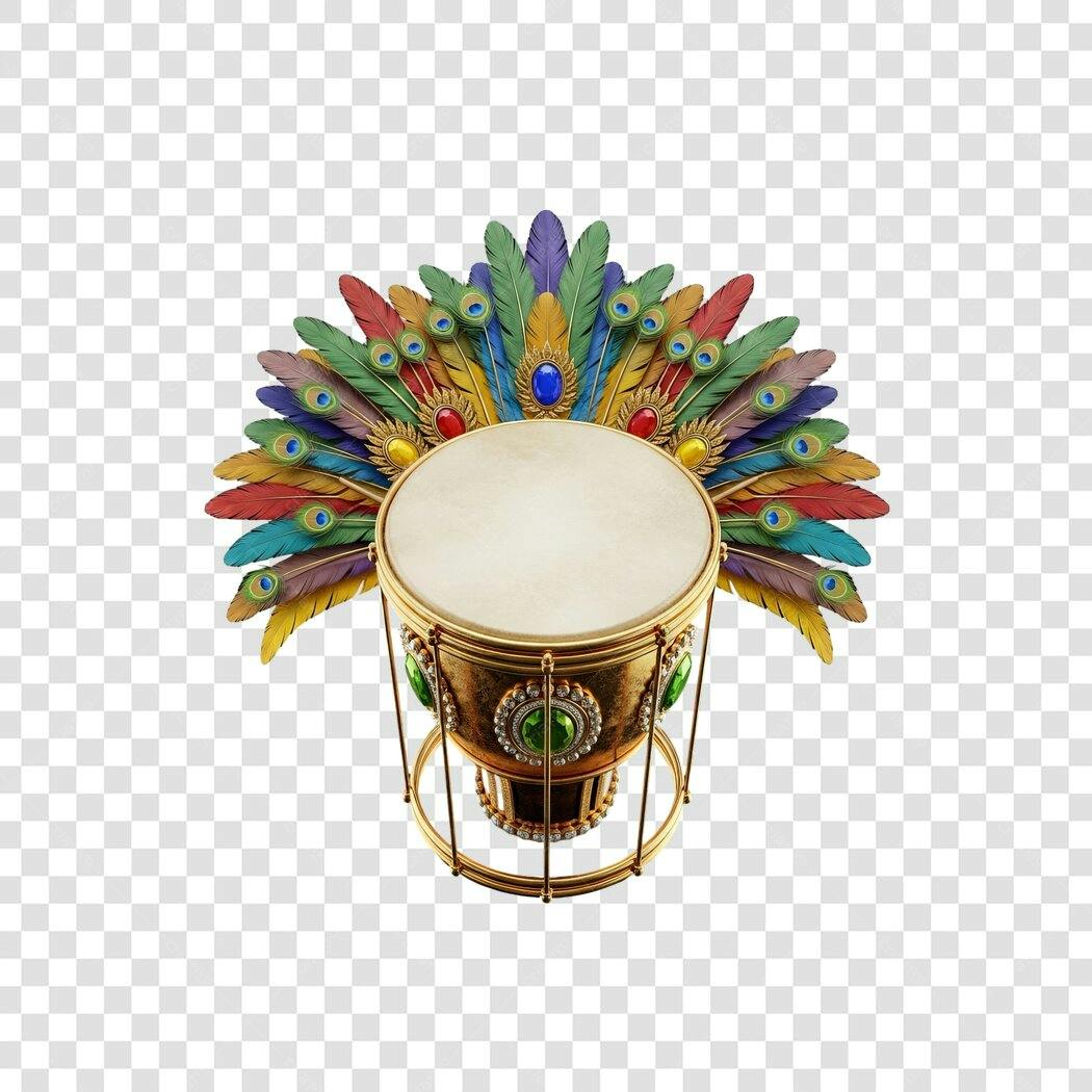 Tambor festivo dourado penas coloridas joias para Carnaval celebração PNG com fundo transparente